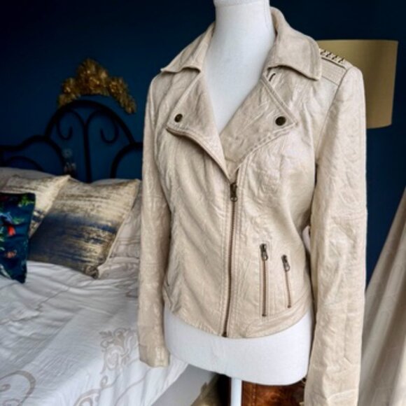 Guess Shimmery Gold Cream Linen Blend Moto Jacket - Picture 3 of 15